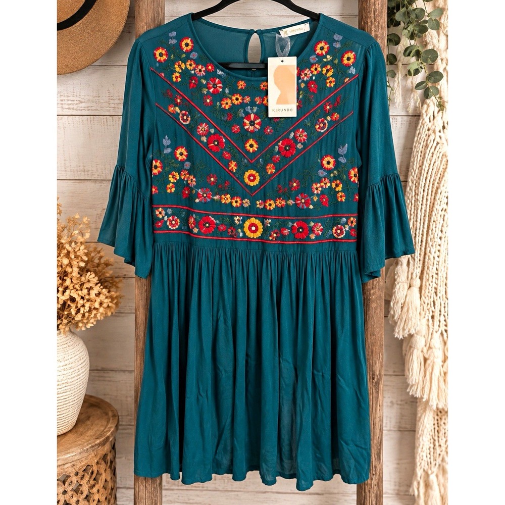 KIRUNDO Women's Green Floral Embroidered Babydoll Bell Sleeve Dress Size S